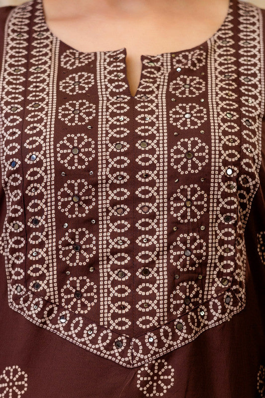 Brown Ethnic Print Kurta Pant Set with Contrast Border Dupatta