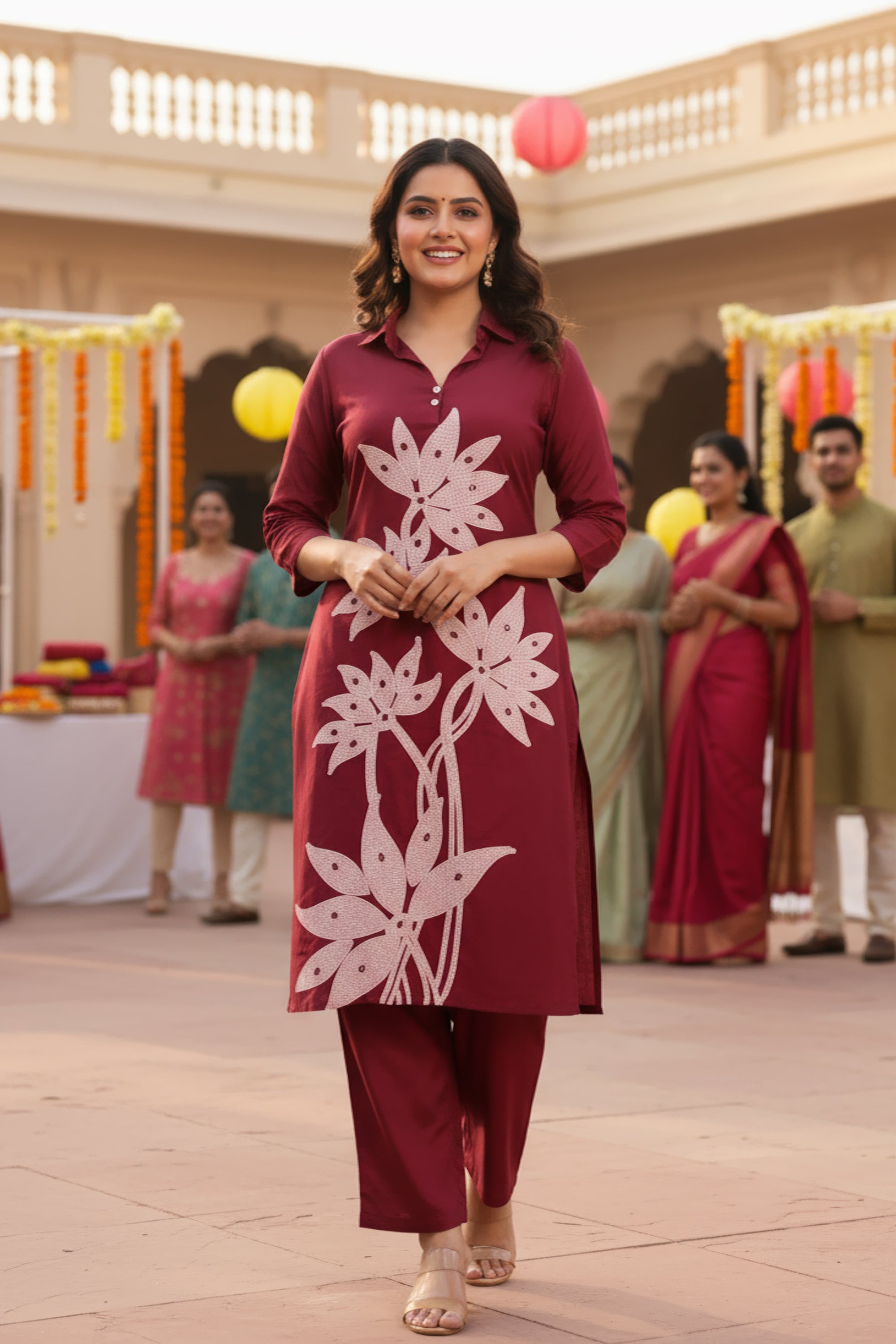 Crimson Leaf Symphony Russian Silk Co-ord Set