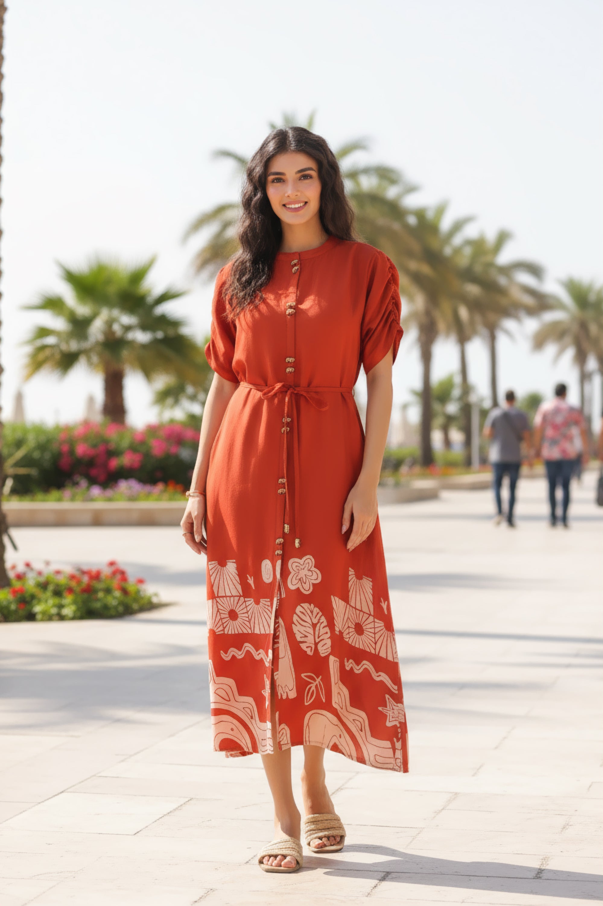 Rust Orange Artistic Printed Shirt Dress in Russian Silk