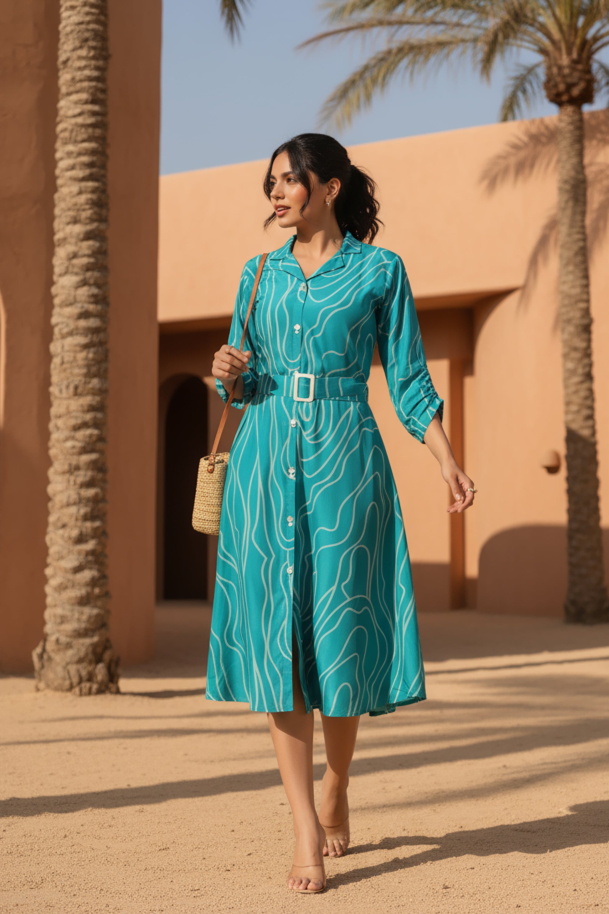 Turquoise Wave Belted Russian Silk Dress