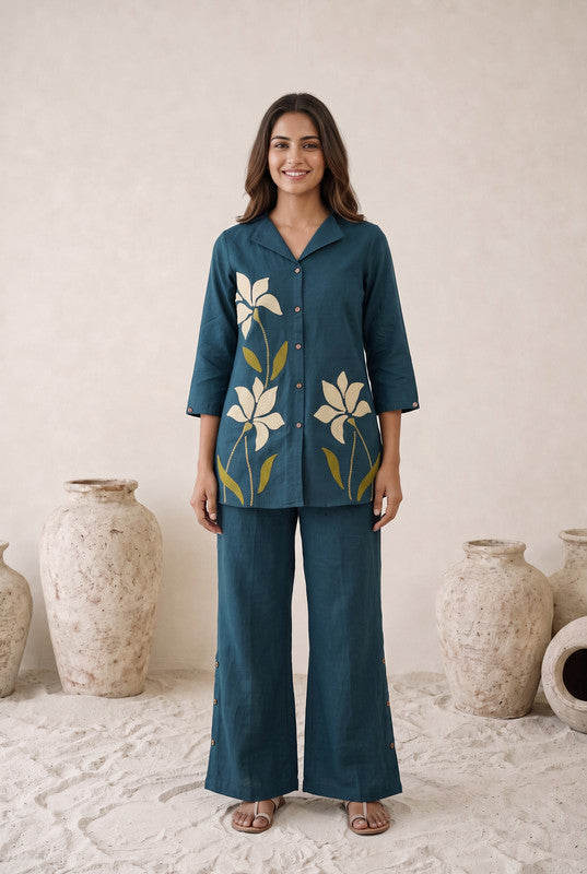 Teal Blue Botanical Floral Cotton Flex Co-Ord Set