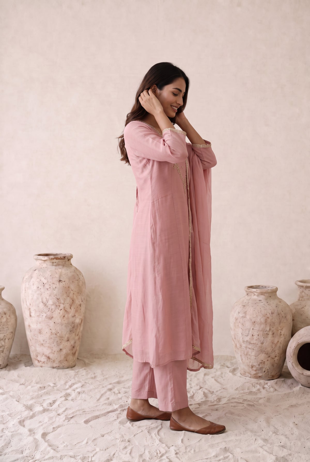Blush Pink Embroidered Mul Chanderi Kurta Set with Dupatta