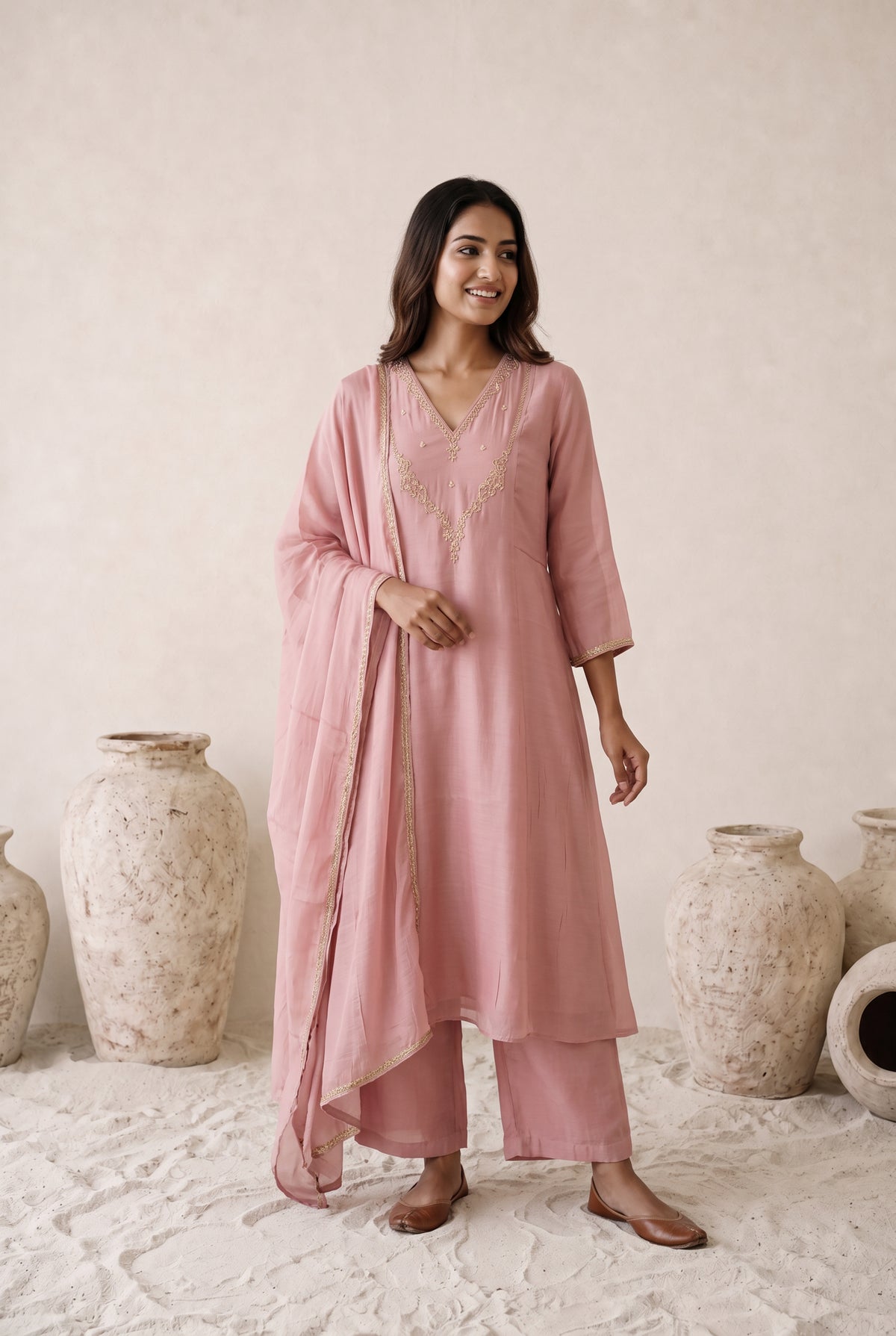Blush Pink Embroidered Mul Chanderi Kurta Set with Dupatta