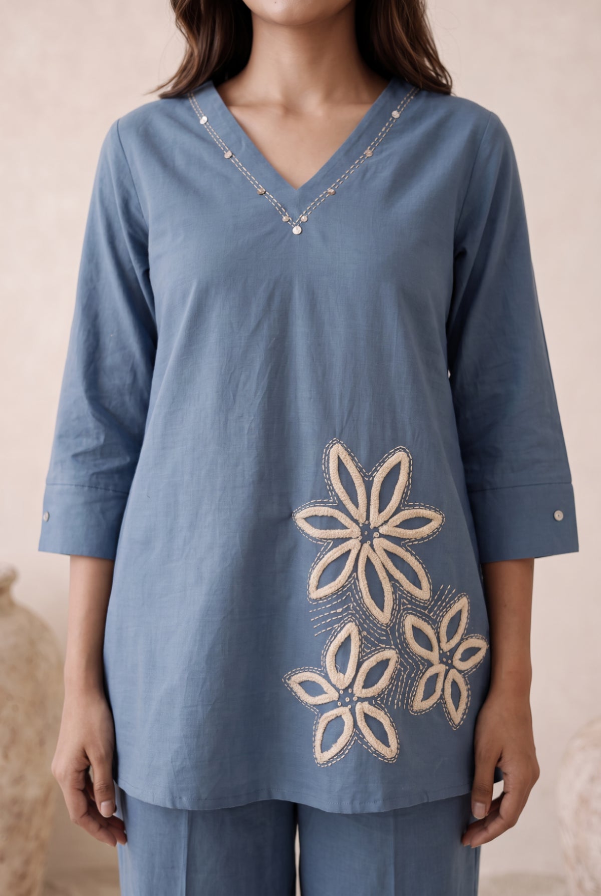 Dusty Blue Bloom Embroidered Cotton Flex Co-Ord Set