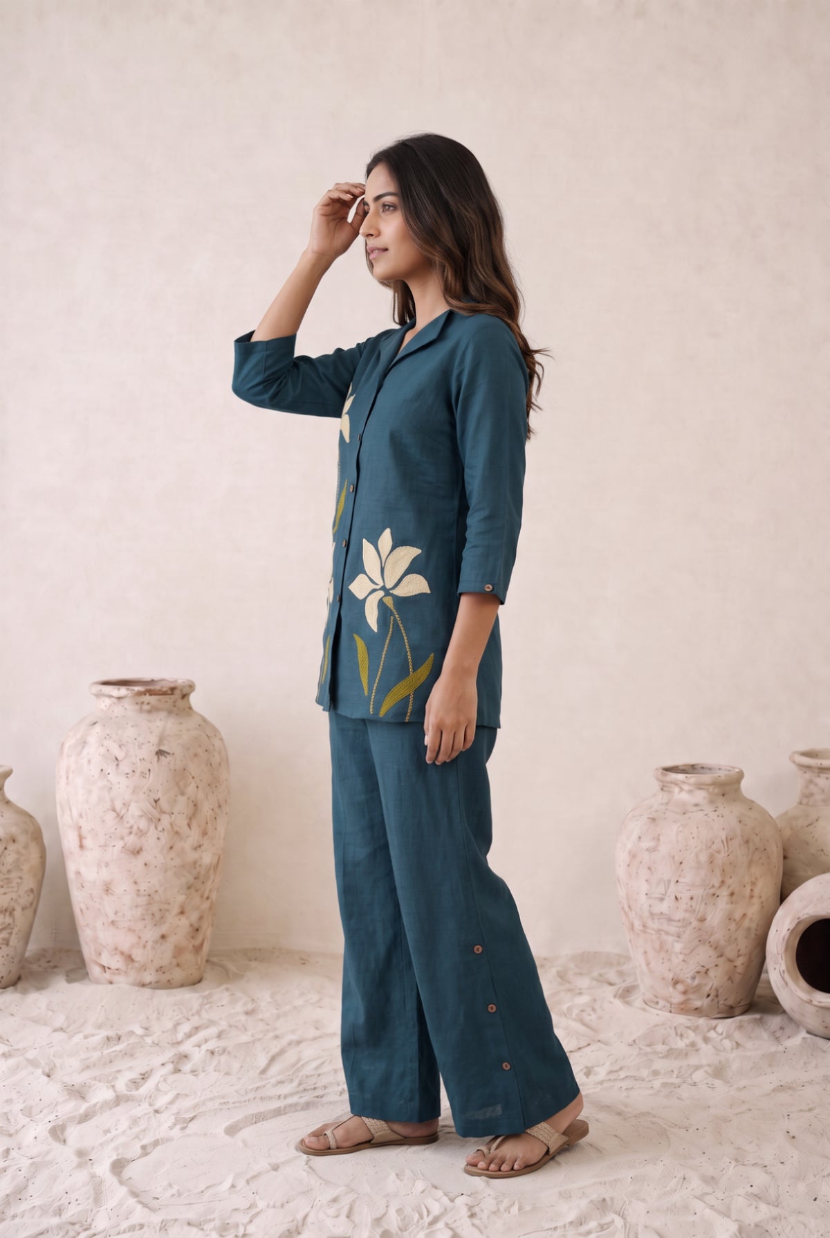 Teal Blue Botanical Floral Cotton Flex Co-Ord Set
