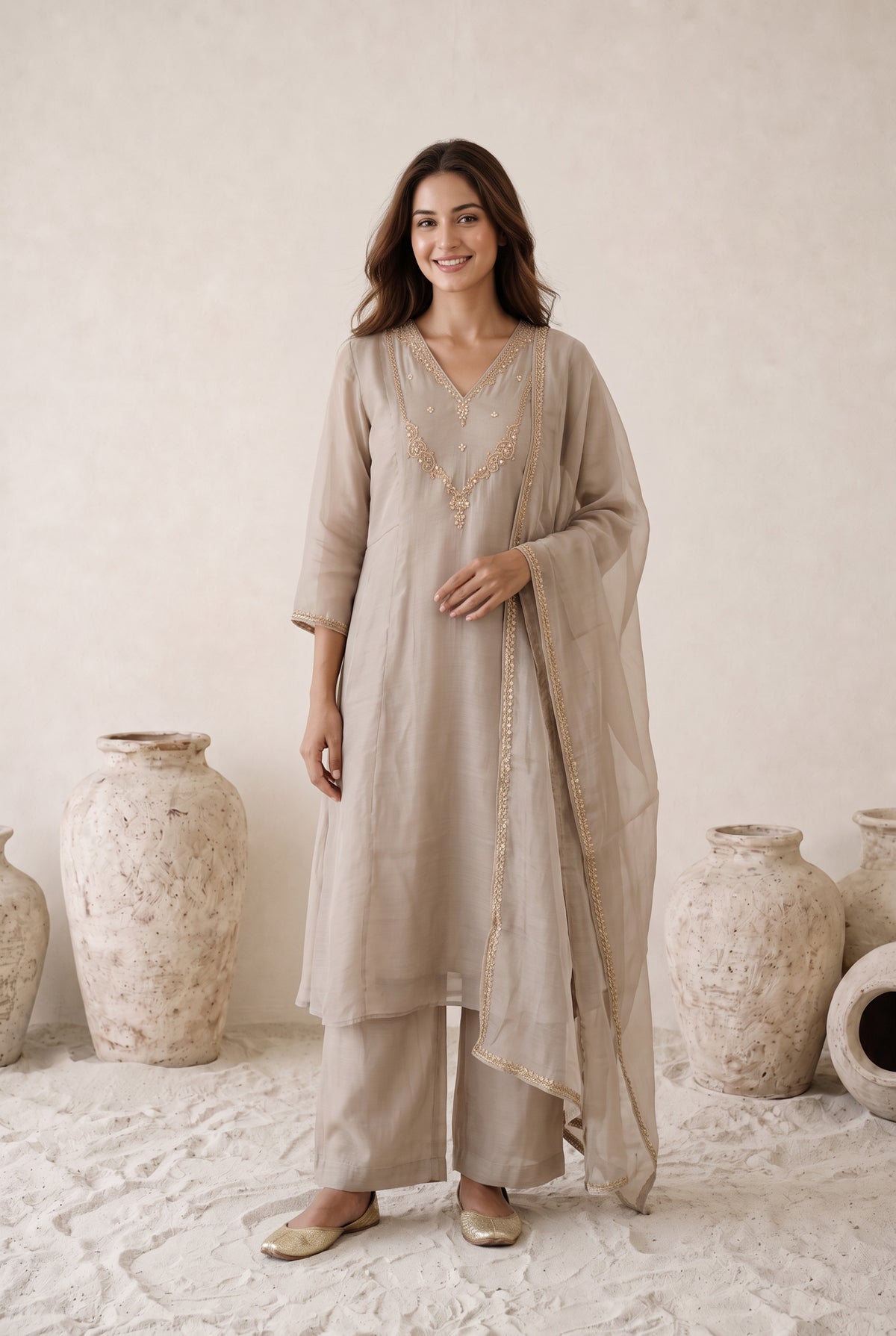 Taupe Beige Embroidered Mul Chanderi Kurta Set with Dupatta