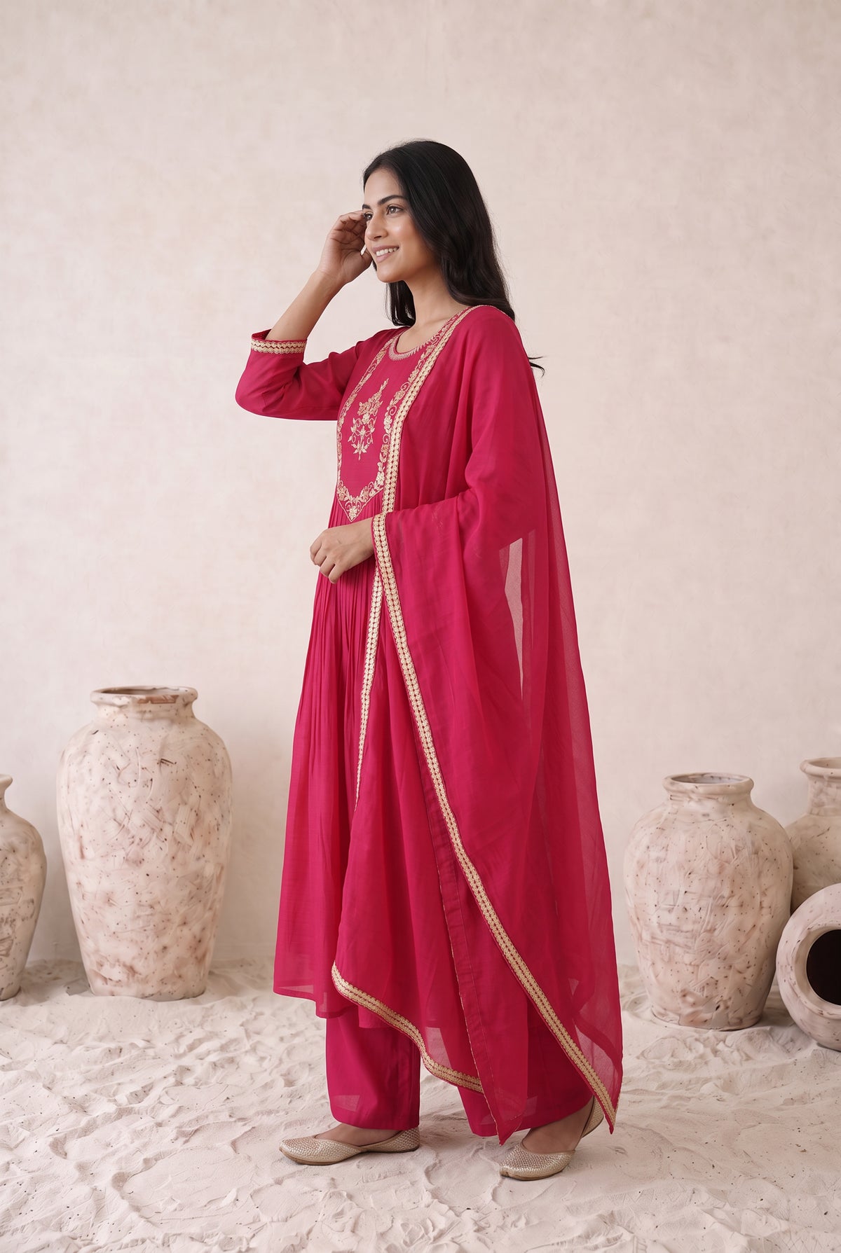 Fuchsia Pink Floral Embroidered Mul Chanderi Kurta Set with Dupatta