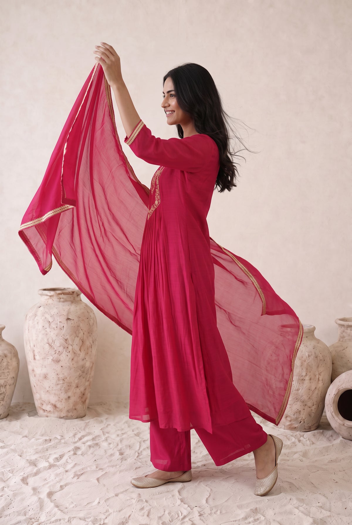 Fuchsia Pink Floral Embroidered Mul Chanderi Kurta Set with Dupatta