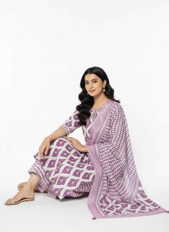 Lavender & White Ikat Printed Straight Kurta Set with Dupatta
