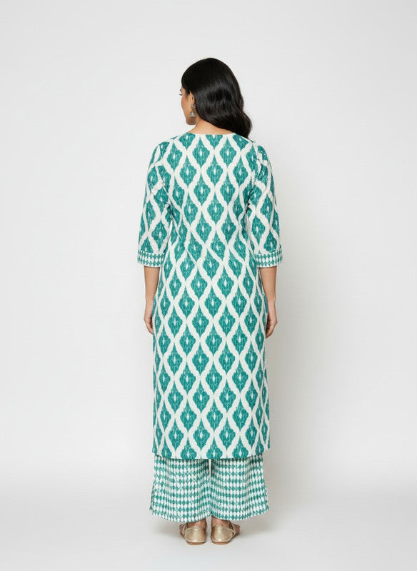 Teal Ikat Printed Straight Kurta with Palazzo Pants & Dupatta