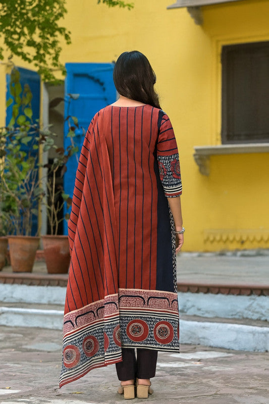 Classic Rust Red Ethnic Motif Printed Kurta Set with Dupatta