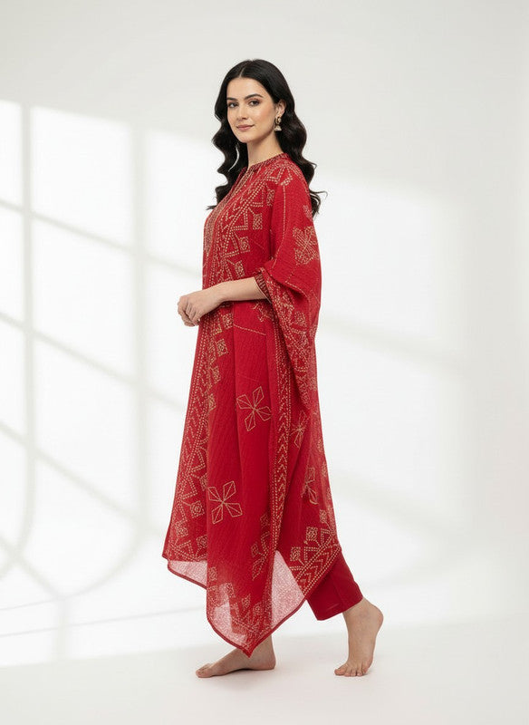 Classic Crimson Bandhani Motif Kurta Set with Dupatta