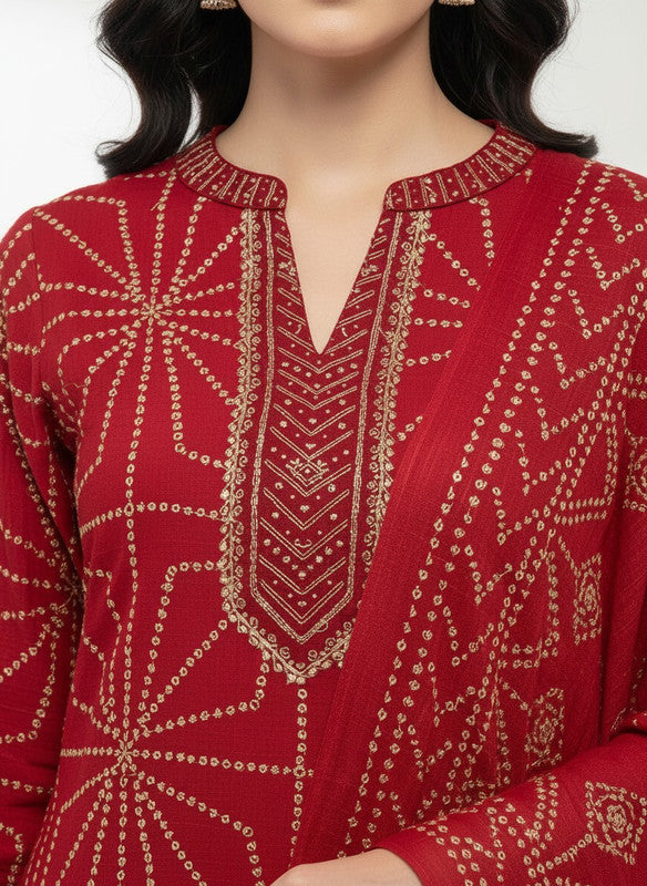 Classic Crimson Bandhani Motif Kurta Set with Dupatta