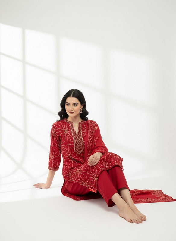Classic Crimson Bandhani Motif Kurta Set with Dupatta