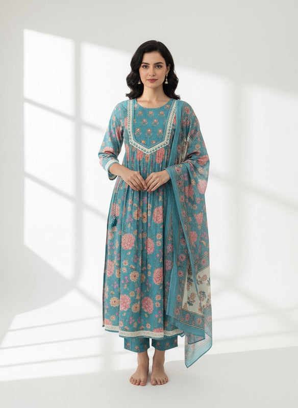 Elegant Teal Floral Anarkali Kurta Pant Set with Dupatta