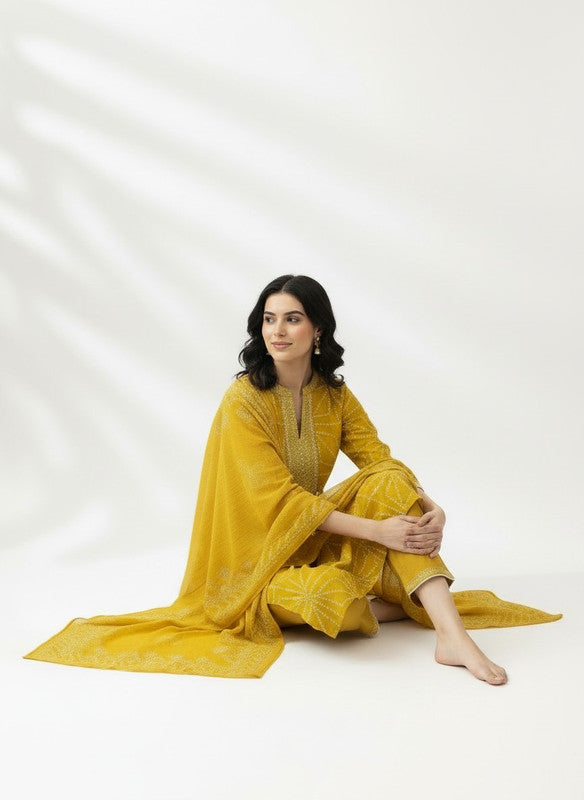 Elegant Mustard Bandhani Printed Kurta Pant Set with Dupatta