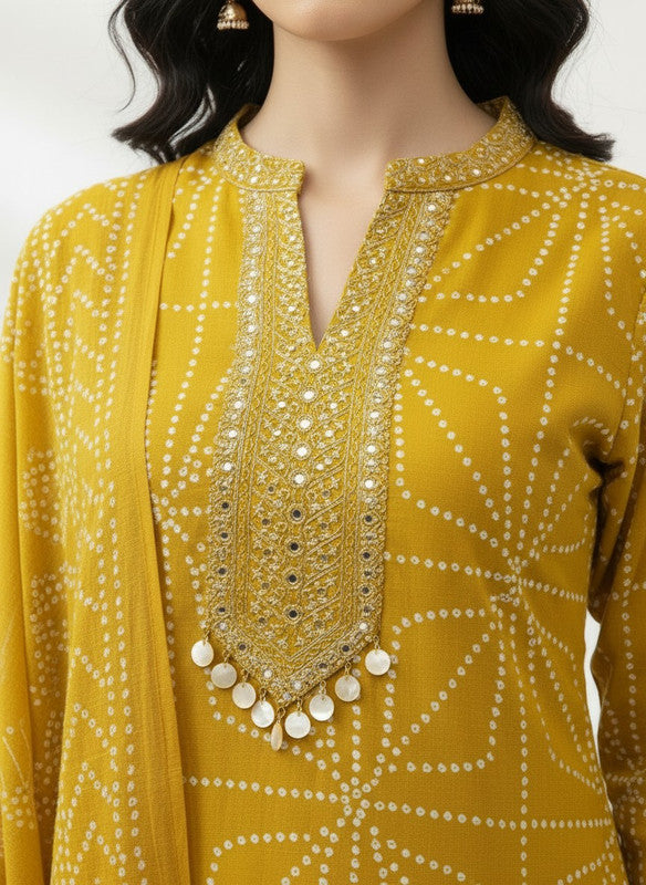 Elegant Mustard Bandhani Printed Kurta Pant Set with Dupatta