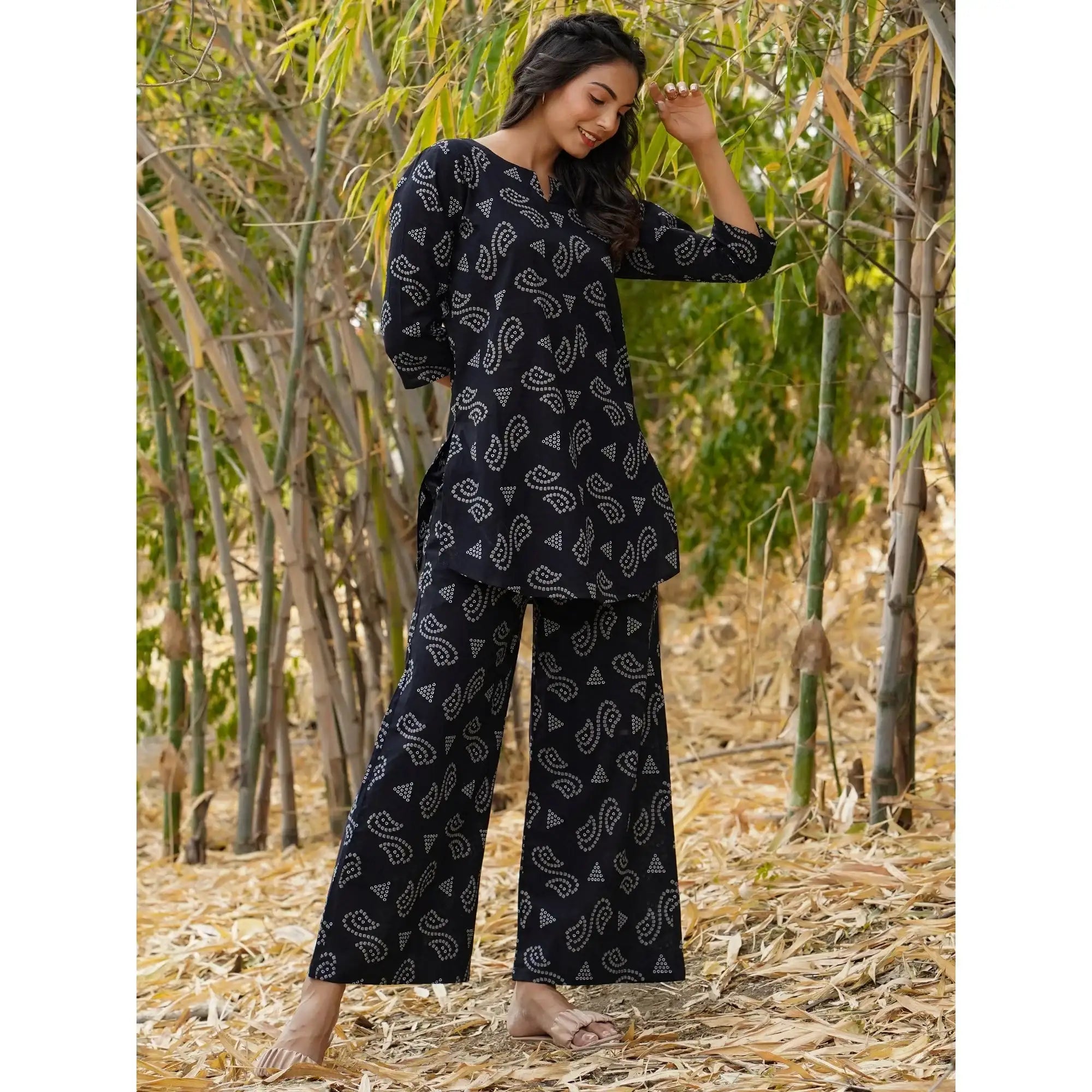Patterned Bandhej on Black Cotton Loungewear Top Set