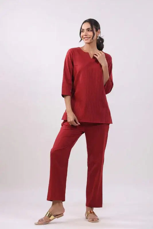 Maroon Mirage Cotton Dobby Loungewear Top Set