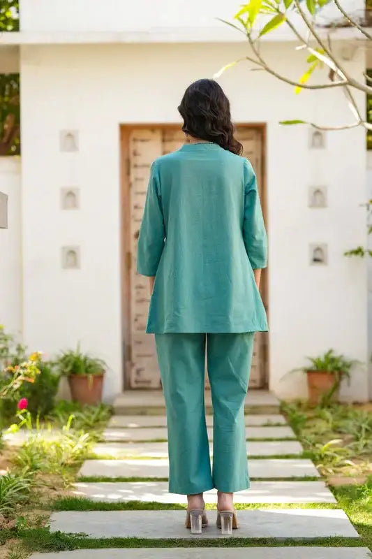 Teal Twinkle Embroidered Cotton Flex Co-ord Set