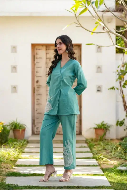 Teal Twinkle Embroidered Cotton Flex Co-ord Set