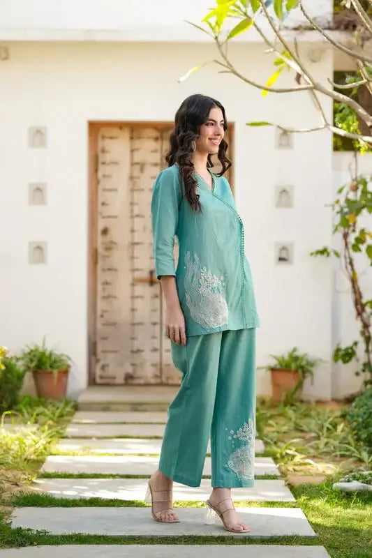 Teal Twinkle Embroidered Cotton Flex Co-ord Set