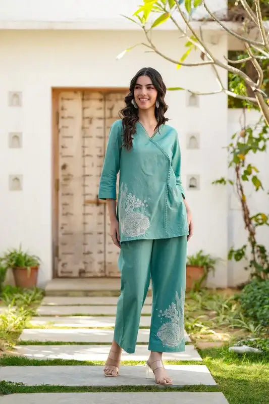 Teal Twinkle Embroidered Cotton Flex Co-ord Set