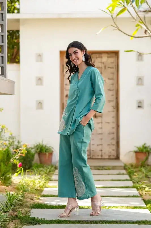 Teal Twinkle Embroidered Cotton Flex Co-ord Set