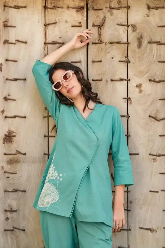 Teal Twinkle Embroidered Cotton Flex Co-ord Set