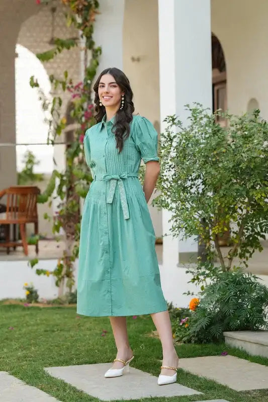 Sage Green Embroidered Cotton Shirt Dress