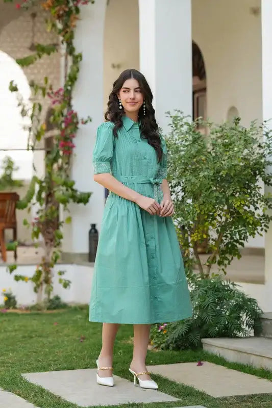 Sage Green Embroidered Cotton Shirt Dress