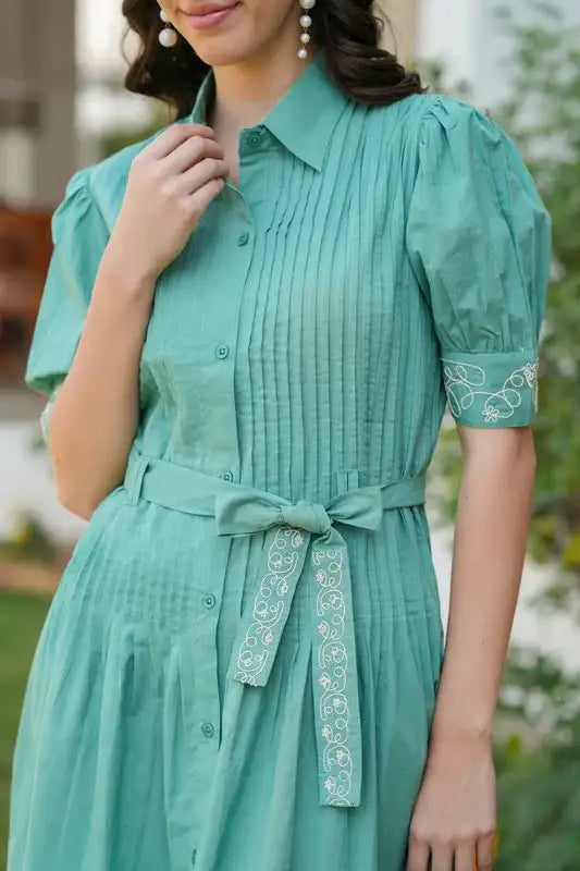 Sage Green Embroidered Cotton Shirt Dress