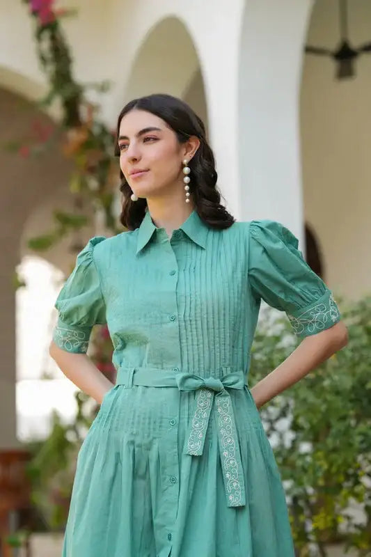Sage Green Embroidered Cotton Shirt Dress