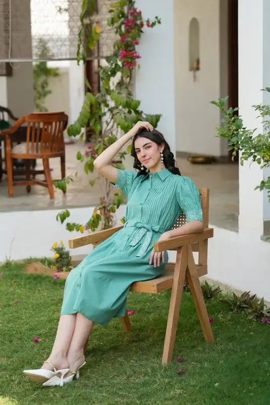 Sage Green Embroidered Cotton Shirt Dress