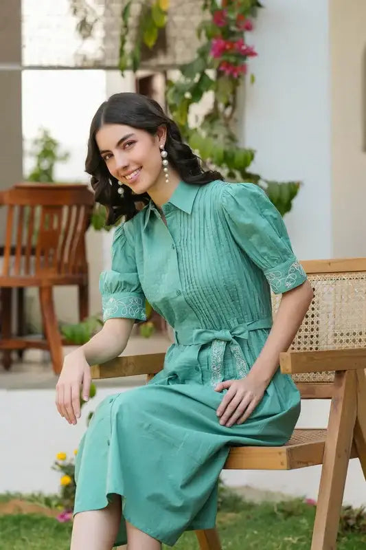 Sage Green Embroidered Cotton Shirt Dress