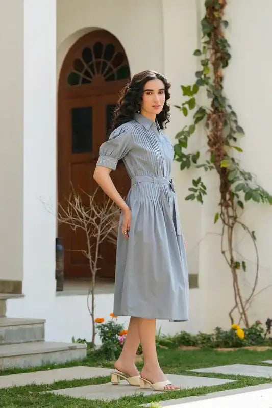 Moonlit Embroidery Cotton Shirt Dress