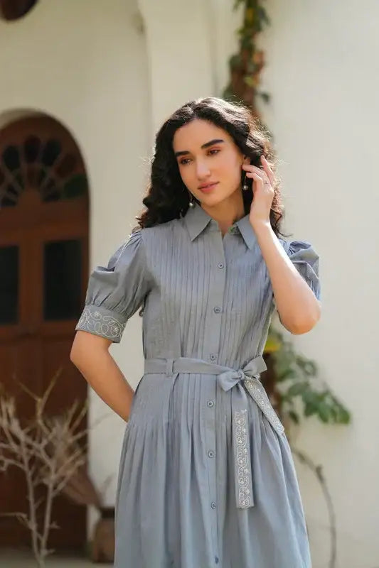 Moonlit Embroidery Cotton Shirt Dress