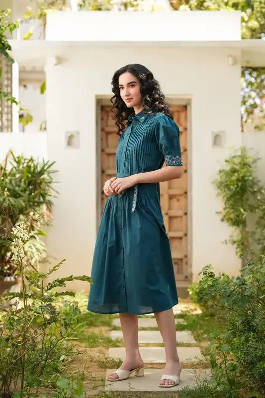 Emerald Embroidery Cotton Shirt Dress