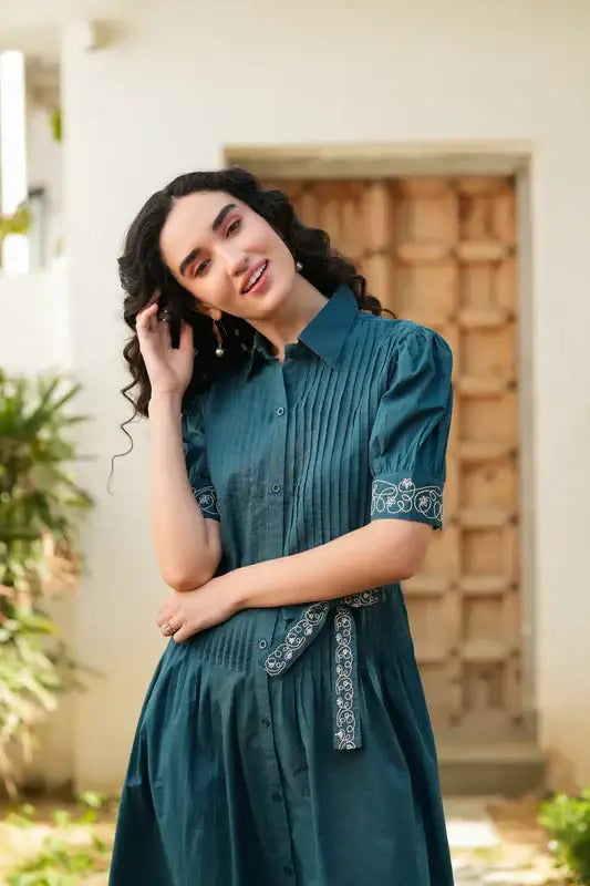 Emerald Embroidery Cotton Shirt Dress
