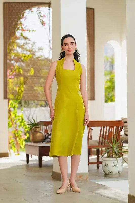 Lime Embroidery Cotton Flex Dress