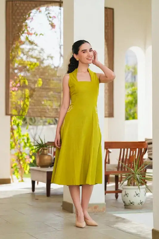 Lime Embroidery Cotton Flex Dress