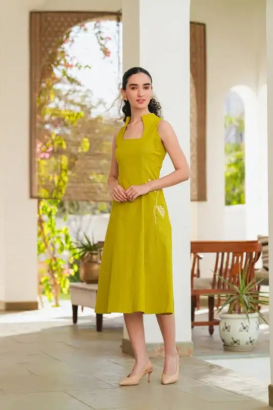 Lime Embroidery Cotton Flex Dress