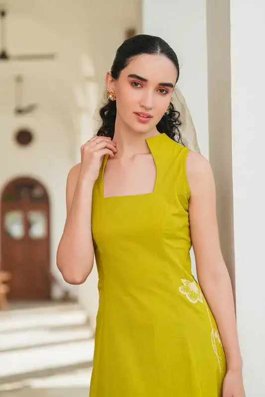 Lime Embroidery Cotton Flex Dress