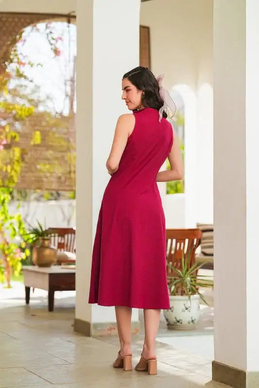 Cherry Red Embroidery Cotton Flex Dress