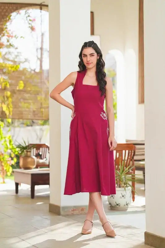 Cherry Red Embroidery Cotton Flex Dress