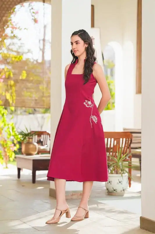 Cherry Red Embroidery Cotton Flex Dress