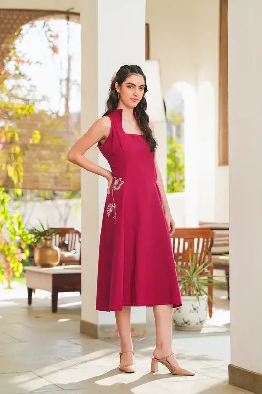 Cherry Red Embroidery Cotton Flex Dress
