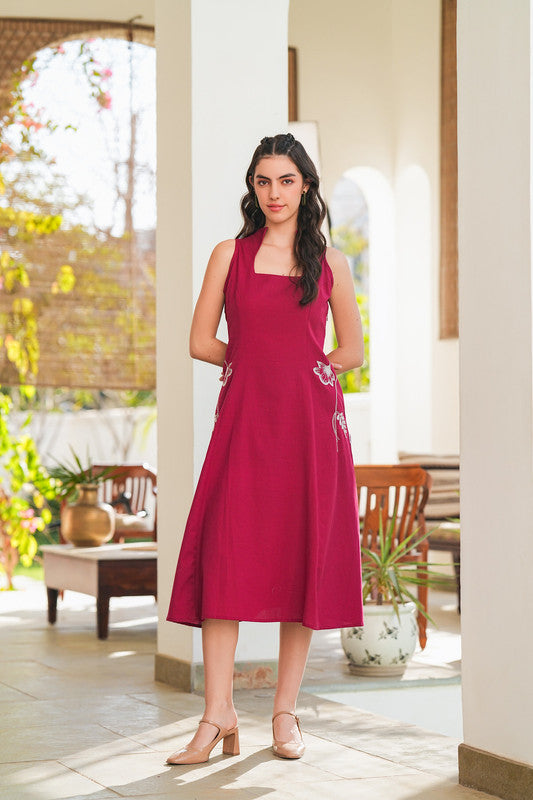 Cherry Red Embroidery Cotton Flex Dress