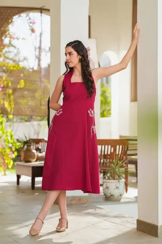 Cherry Red Embroidery Cotton Flex Dress