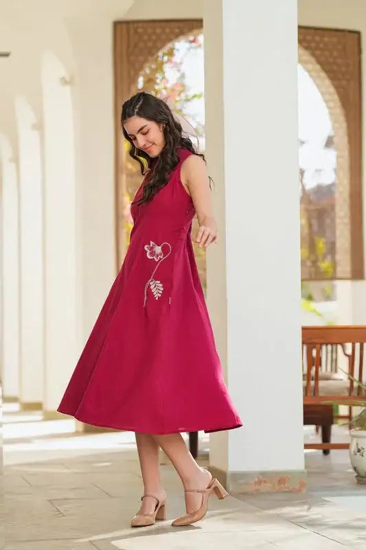 Cherry Red Embroidery Cotton Flex Dress